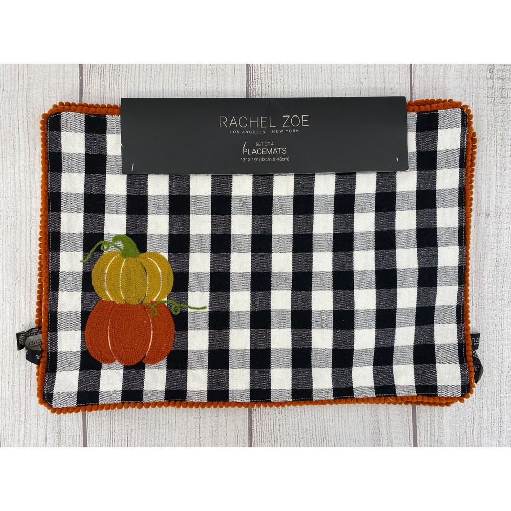 Rachel Zoe Placemats (4) Black White Buffalo Check Pumpkin Pom-Pom Trim Autumn